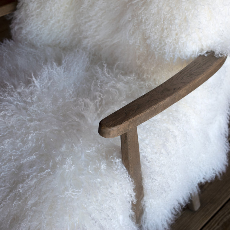 White-Cream Mongolian Fur Accent Chair with Solid Oak Frame, Polyurethane Foam Seat and Feather and Poly Fiber Back Cushion