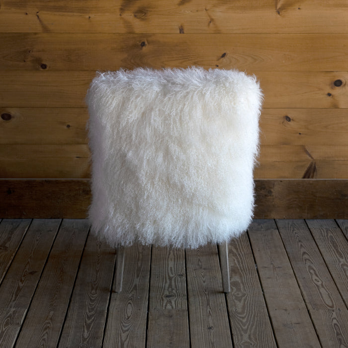 White-Cream Mongolian Fur Accent Chair with Solid Oak Frame, Polyurethane Foam Seat and Feather and Poly Fiber Back Cushion