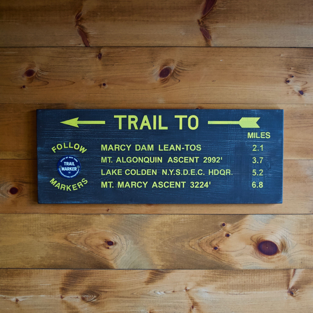 Hand Painted New York State Conservation Department Trail to Mt. Marcy Sign with Trail Marker
