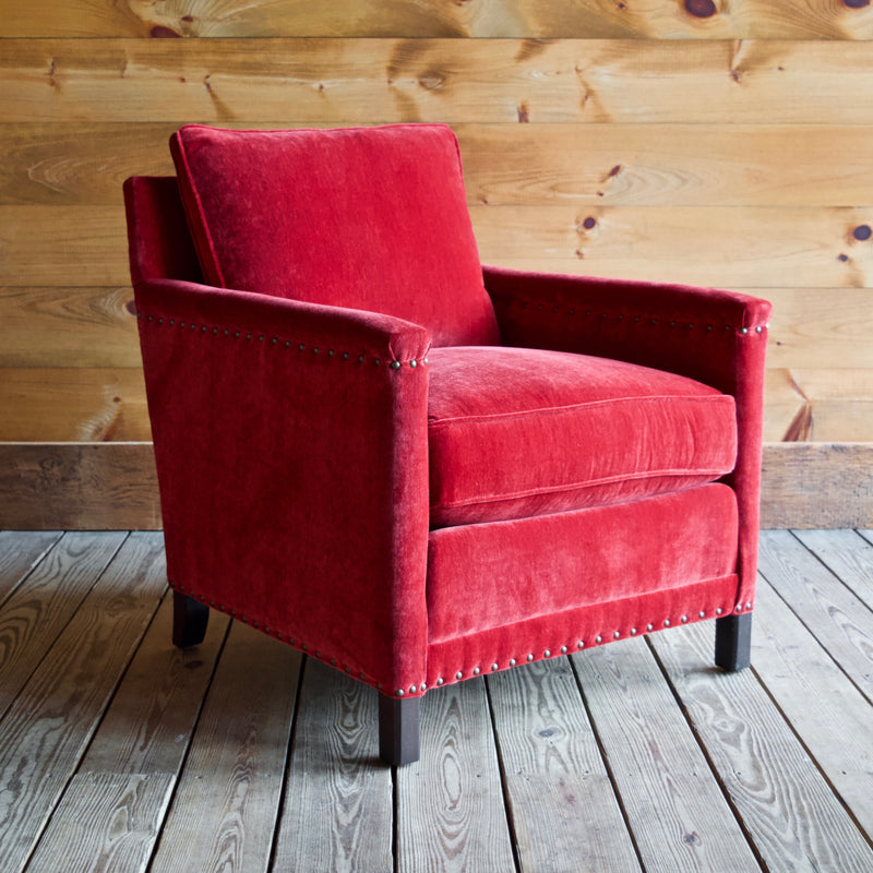 Placid Arm Chair by Lee Industries in Everest Crimson Red with Vintage Chestnut Finished Legs and Nailhead Trim