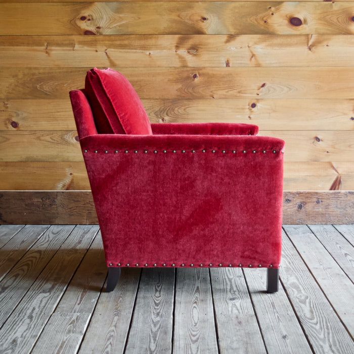 Placid Arm Chair by Lee Industries in Everest Crimson Red with Vintage Chestnut Finished Legs and Nailhead Trim
