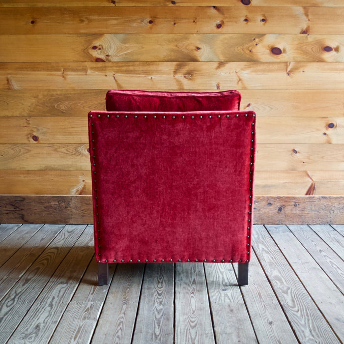 Placid Arm Chair by Lee Industries in Everest Crimson Red with Vintage Chestnut Finished Legs and Nailhead Trim