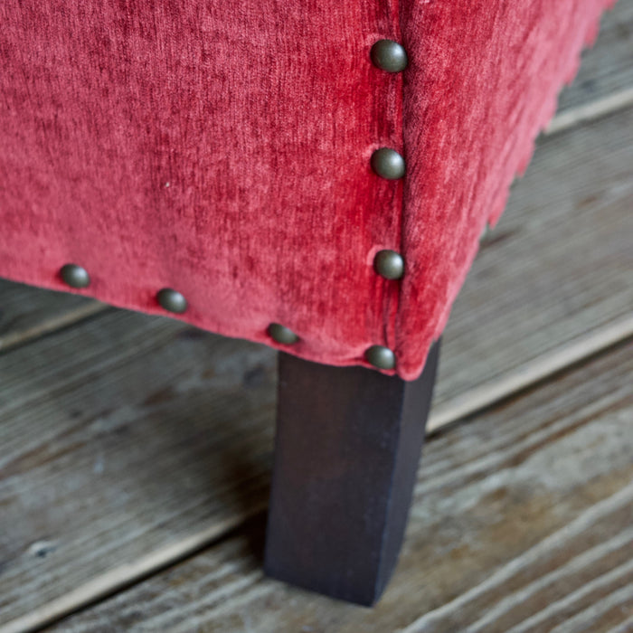 Placid Arm Chair by Lee Industries in Everest Crimson Red with Vintage Chestnut Finished Legs and Nailhead Trim