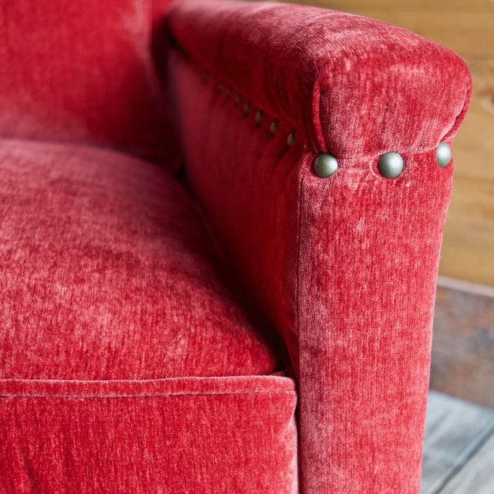 Placid Arm Chair by Lee Industries in Everest Crimson Red with Vintage Chestnut Finished Legs and Nailhead Trim