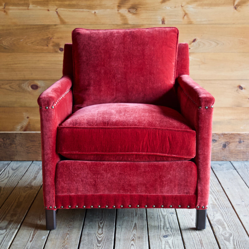 Placid Arm Chair by Lee Industries in Everest Crimson with Vintage Chestnut Finished Legs and Nailhead Trim