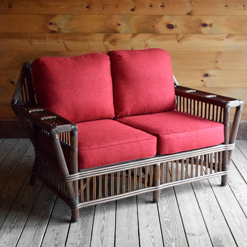 Wicker Rattan Porch Loveseat with Cherry Red Cushions