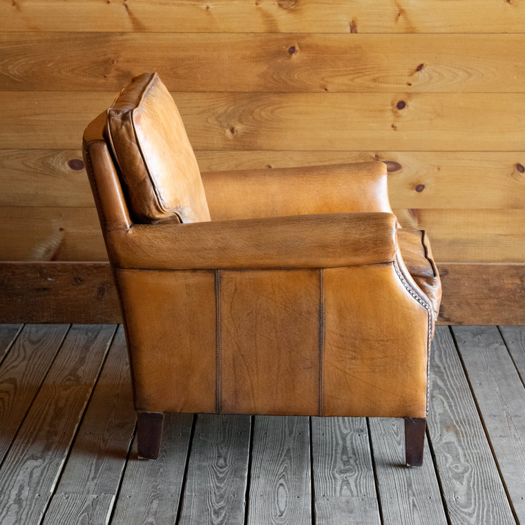 Antique Buffalo Leather Arm Chair with Tapered Legs and Nailhead Trim