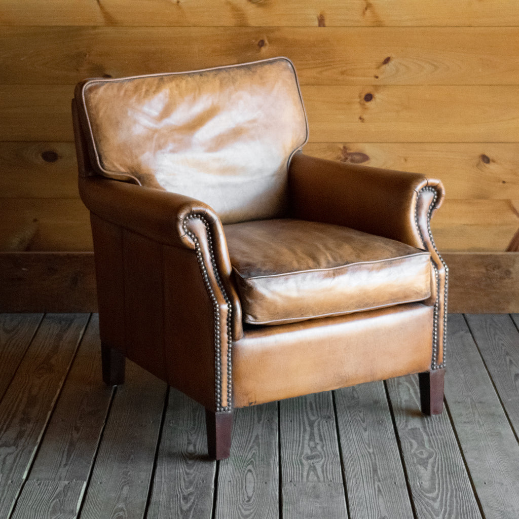 Antique Buffalo Leather Arm Chair with Tapered Legs and Nailhead Trim