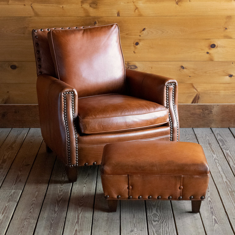 Distressed Cognac Leather Ottoman with Rustic Nailhead Trim and Hardwood Frame