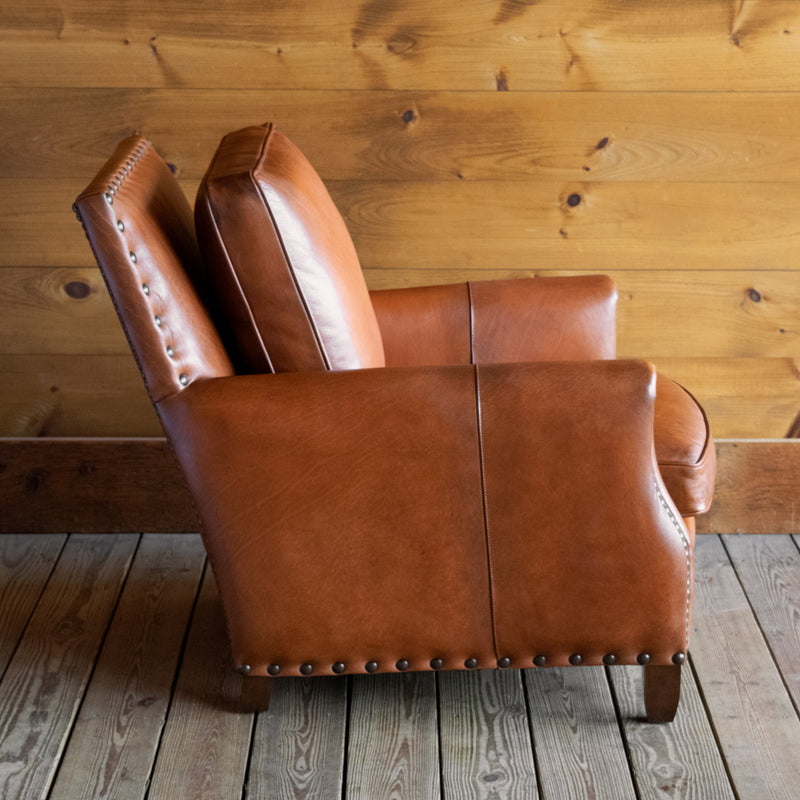 Distressed Cognac Leather Lounge Chair with Rustic Nailhead Trim and Hardwood Frame