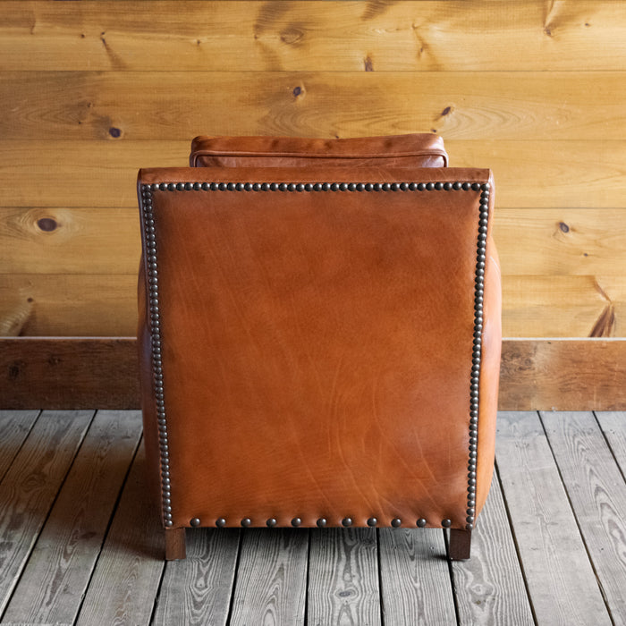 Distressed Cognac Leather Lounge Chair with Rustic Nailhead Trim and Hardwood Frame