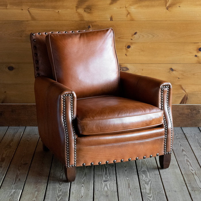 Distressed Cognac Leather Lounge Chair with Rustic Nailhead Trim and Hardwood Frame