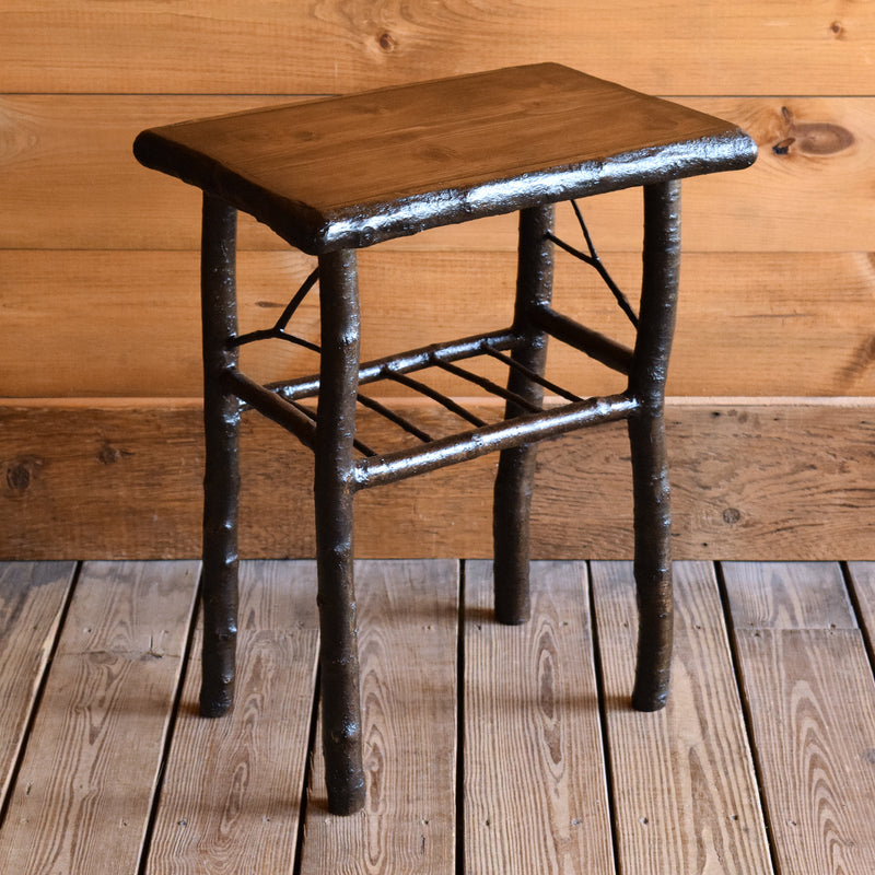 Rustic Twig and Branch Side Table with Hardwood Top and Spindle Shelf