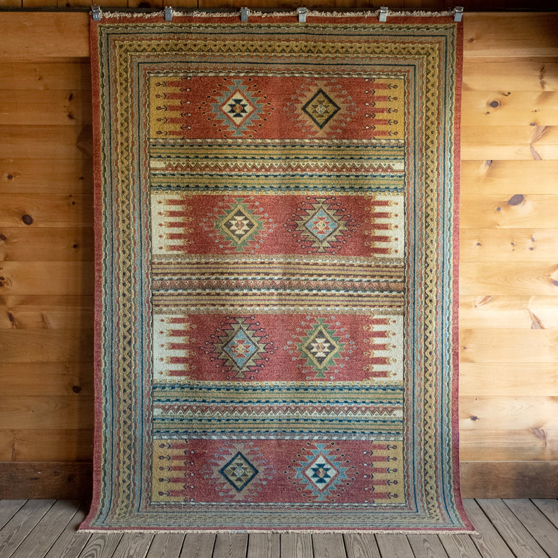 Hand Woven Sumak Wool & Cotton Rug with Red, Tan, Blue, and Green Pattern 