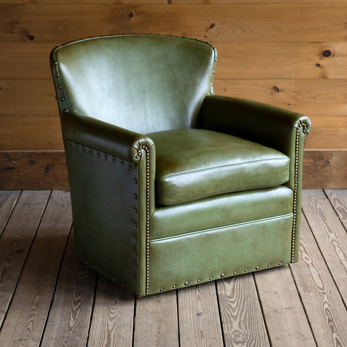 Rustic Green Leather Swivel Chair with Rolled Arms and Decorative Nailhead Trim