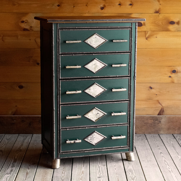 Five-Drawer Dresser with Diamond White Birch Details, Yellow Birch Handles, and Yellow Birch Feet