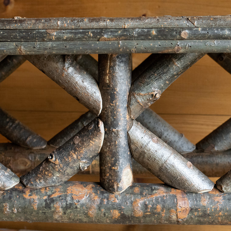 Rustic Poplar Console Table with Willow Twig Top and Diamond Motif Skirt