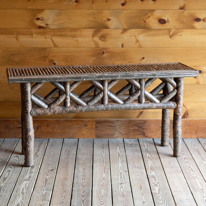Rustic Poplar Console Table with Willow Twig Top and Diamond Motif Skirt