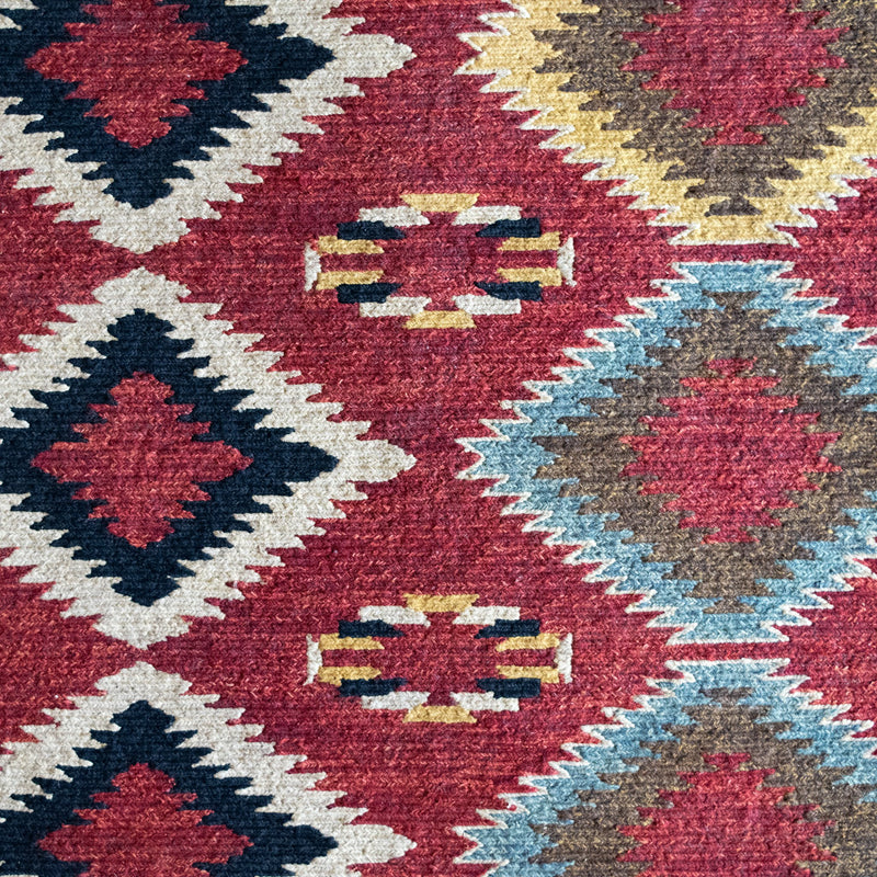 Red, Black, and Ivory Hand Woven Wool and Cotton Sumak Weave Rug