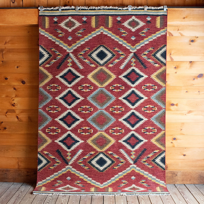 Red, Black, and Ivory Hand Woven Wool and Cotton Sumak Weave Rug