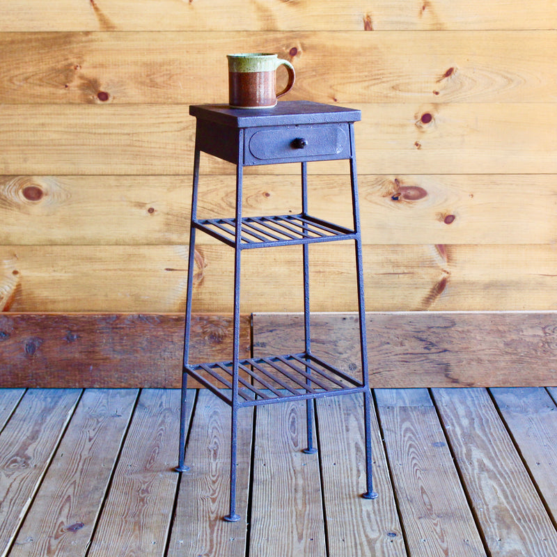Rust-Finished Compact Metal Side Table with Drawer and Two Shelves
