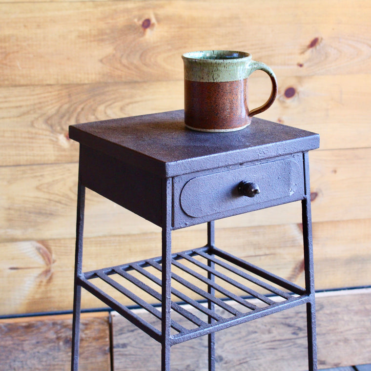 Rust-Finished Compact Metal Side Table with Drawer and Two Shelves