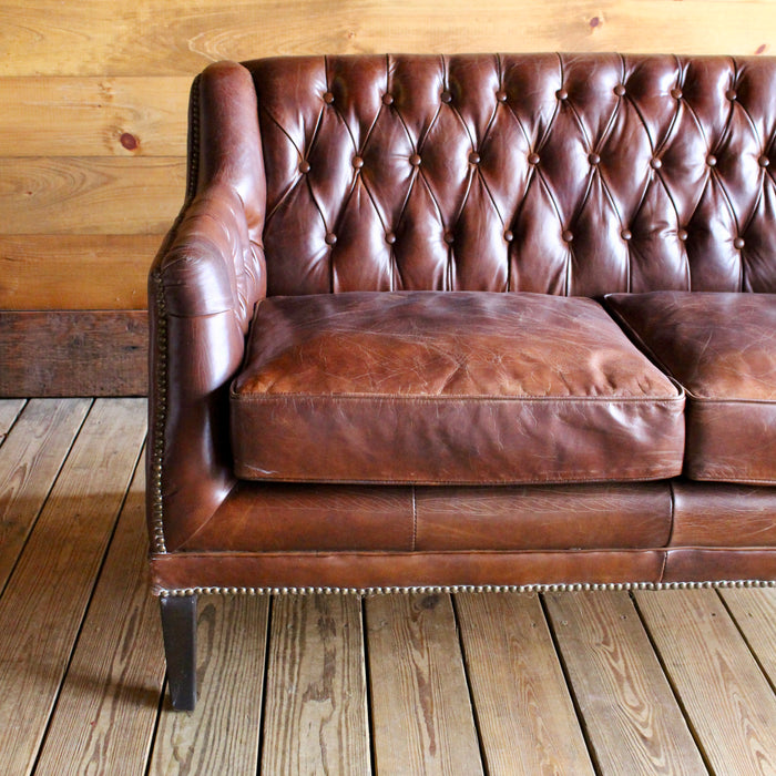 Brown Leather Tufted Two Cushion Love Seat