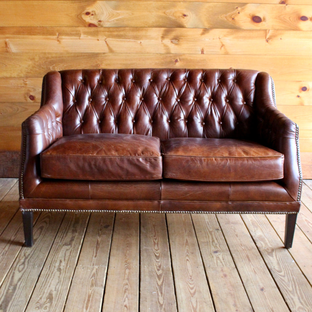 Brown Leather Tufted Two Cushion Love Seat