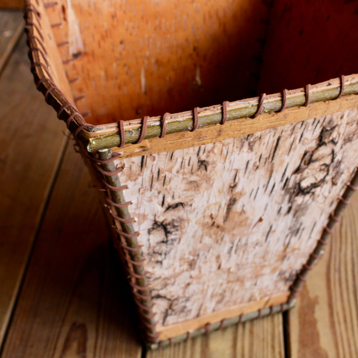 rustic birch bark waste basket with leather lace trim