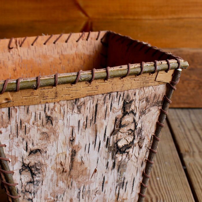Rustic birch bark waste basket with leather lace trim