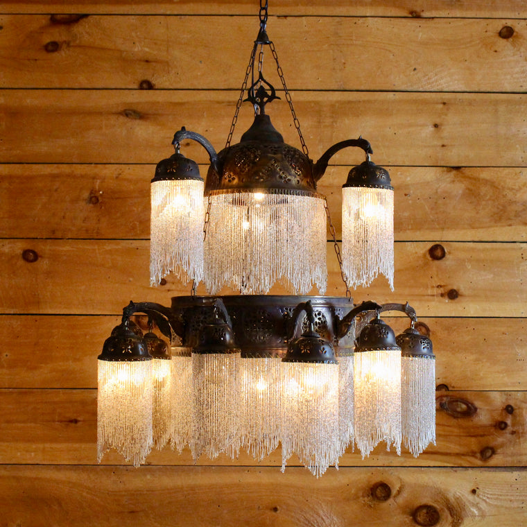 Beaded Moroccan Brass Chandelier