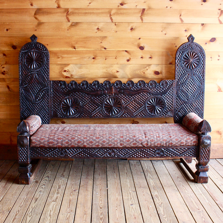 Carved Wood Bench with Vintage Kilim Upholstery