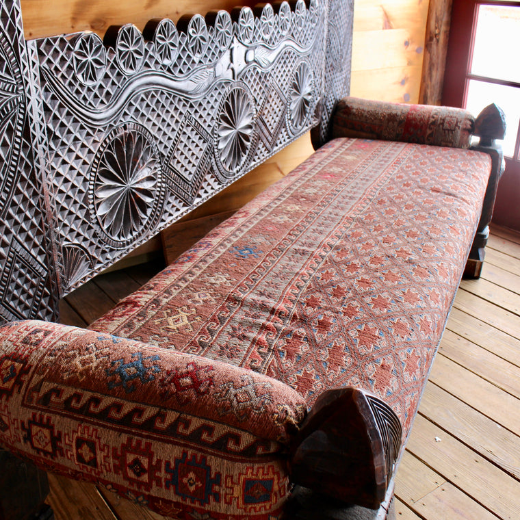 Carved Wood Bench with Kilim Upholstery