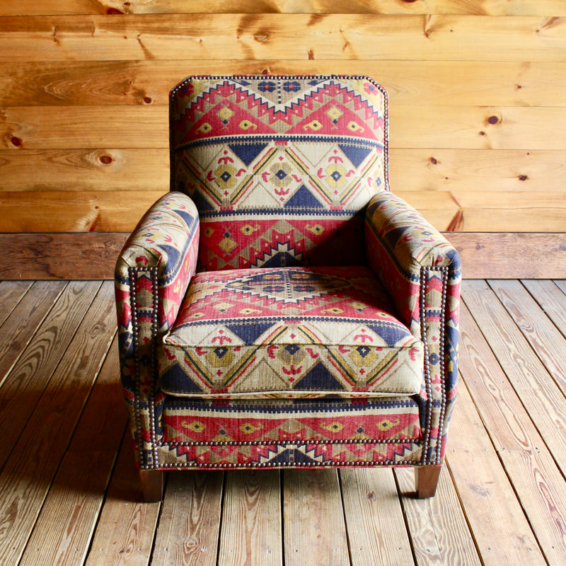 Rustic Club Chair Upholstered in a Southwest Inspired Fabric in Red, Black and Tan 