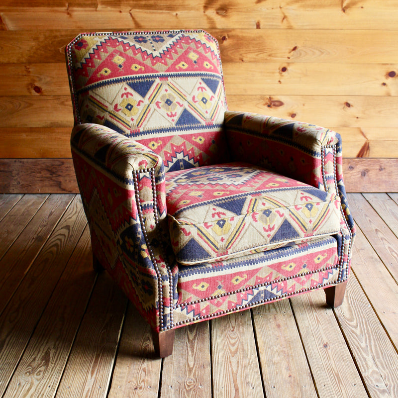 Rustic Club Chair Upholstered in a Southwest Inspired Fabric in Red, Black and Tan 