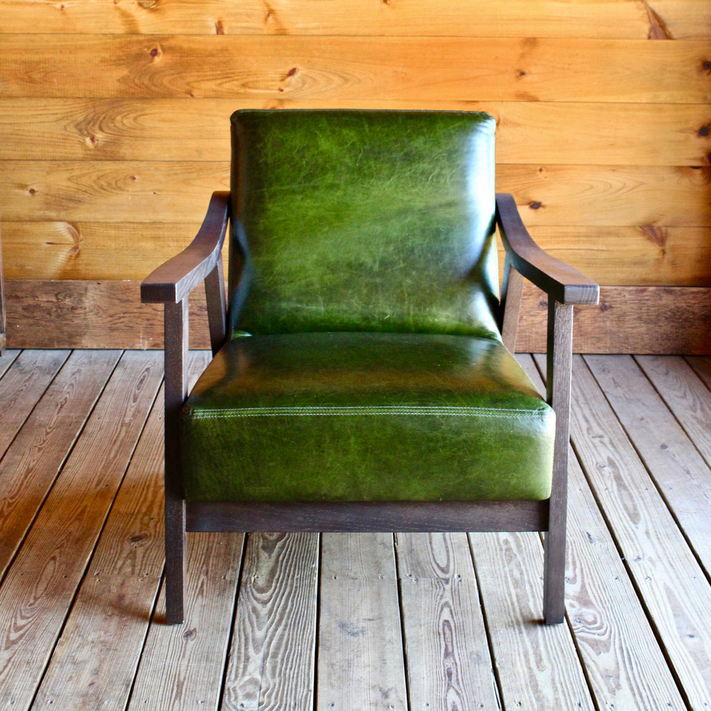 Green Lee Industries Leather Arm Chair with Wooden Frame
