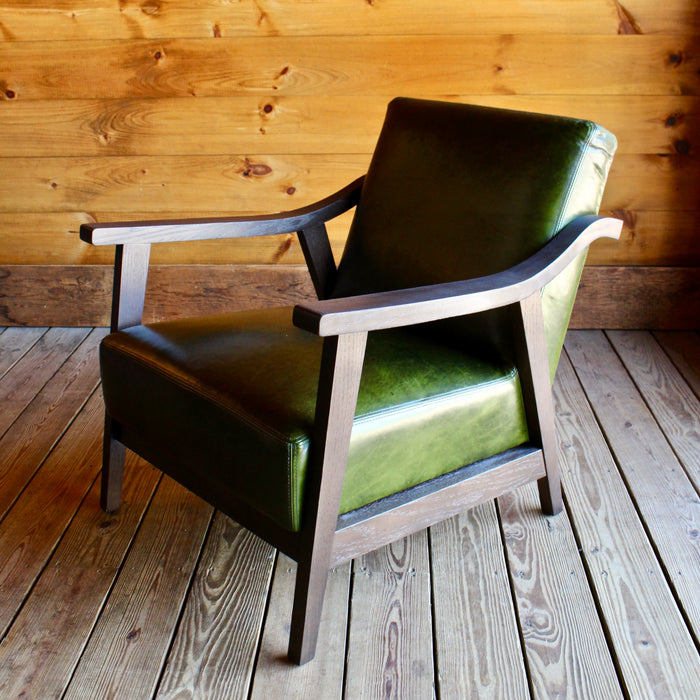 Green Lee Industries Leather Arm Chair with Wooden Frame
