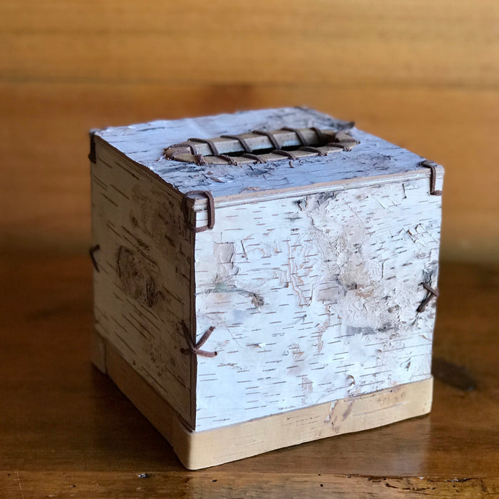 birch bark square tissue box cover with leather lace