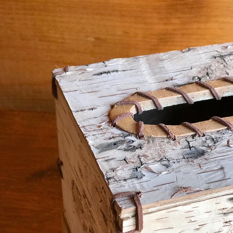 birch bark square tissue box cover with leather lace