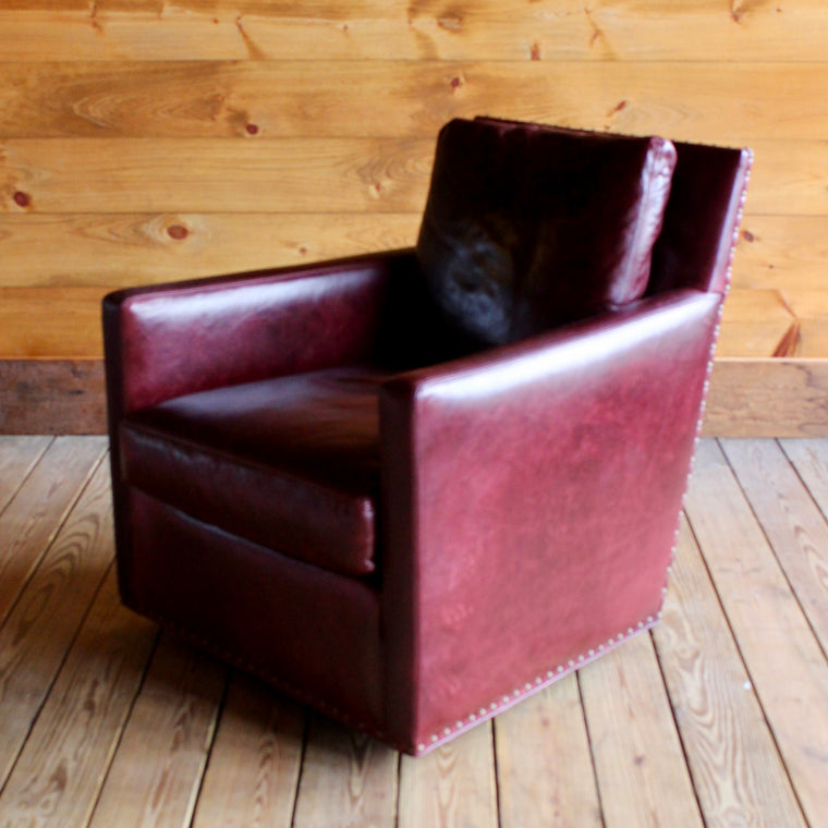 Grant Swivel Chair in Oxblood Leather with Nailhead Trim